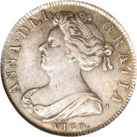 England coin 1 Shilling - Anne (1702) obverse obverse of 1 Shilling - Anne (1702) coin with SP# 3585 from England. Inscription: ANNA · DEI · GRATIA · VIGO ·