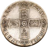 England coin 1 Shilling - Anne (1702) reverse reverse of 1 Shilling - Anne (1702) coin with SP# 3585 from England. Inscription: MAG · BR · FRA · ET · HIB REG · 17 02 ·