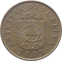 obverse of 20 Santimu (1992 - 2009) coin with KM# 22 from Latvia. Inscription: LATVIJAS REPUBLIKA · 2009 ·