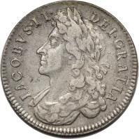 England coin 1/2 Crown - James II (1685 - 1687) obverse obverse of 1/2 Crown - James II (1685 - 1687) coin with SP# 3408 from England. Inscription: IACOBVS · II · DEI · GRATIA