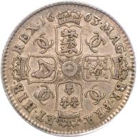 England coin 1 Shilling - Charles II (1663 - 1669) reverse reverse of 1 Shilling - Charles II (1663 - 1669) coin with SP# 3371 from England. Inscription: MAG · BR · FRA · ET · HIB REX · 16 63 ·