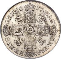 England coin 6 Pence - Charles II (1674 - 1684) reverse reverse of 6 Pence - Charles II (1674 - 1684) coin with SP# 3382 from England. Inscription: MAG · · BR · FRA · ET · HIB REX · 16 81 ·