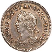 England coin 6 Pence - Cromwell (1658) obverse obverse of 6 Pence - Cromwell (1658) coin with KM# E207 from England. Inscription: OLIVAR · D · G R · P · ANG · SCO · HIB · PRO
