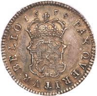 England coin 6 Pence - Cromwell (1658) reverse reverse of 6 Pence - Cromwell (1658) coin with KM# E207 from England. Inscription: PAX · QV · RITVR · BELLO 16 58