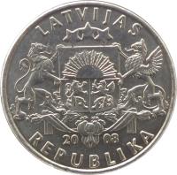 Latvia coin 1 Lats (1992 - 2008) obverse obverse of 1 Lats (1992 - 2008) coin with KM# 12 from Latvia. Inscription: LATVIJAS 20 08 REPUBLIKA