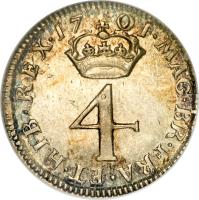 England coin 4 Pence - William III - Maundy Coinage (1697 - 1702) reverse reverse of 4 Pence - William III - Maundy Coinage (1697 - 1702) coin with SP# 3549 from England. Inscription: MAG · BRI · FR · ET · HIB · REG · 17 01 · 4
