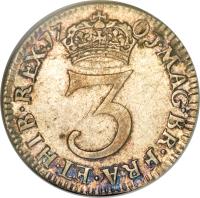 England coin 3 Pence - William III - Maundy Coinage (1698 - 1701) reverse reverse of 3 Pence - William III - Maundy Coinage (1698 - 1701) coin with SP# 3550 from England. Inscription: MAG · BRI · FR · ET · HIB · REX · 17 01 · 3