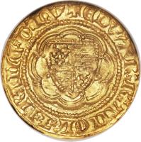 England coin 1/4 Noble - Edward III - Pre-Treaty Coinage (1351 - 1361) obverse obverse of 1/4 Noble - Edward III - Pre-Treaty Coinage (1351 - 1361) coin with SP# 1498 from England. Inscription: EDWAR R ANGL Z FRANC D HYB
