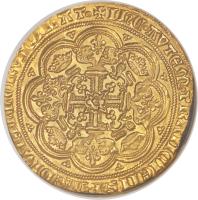 England coin 1 Noble - Edward III - Pre-Treaty Coinage (1356 - 1361) reverse reverse of 1 Noble - Edward III - Pre-Treaty Coinage (1356 - 1361) coin with SP# 1490 from England. Inscription: DOMINE NE FURORE TUO ARGUAS ME