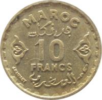 reverse of 10 Francs - Mohammed V (1952) coin with Y# 49 from Morocco. Inscription: MAROC 10 FRANCS J.HAINAUT