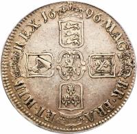 England coin 1 Crown - William III (1696) reverse reverse of 1 Crown - William III (1696) coin with SP# 3472 from England.