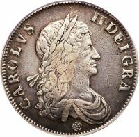 England coin 1 Crown - Charles II - 1'st Portrait (1662) obverse obverse of 1 Crown - Charles II - 1'st Portrait (1662) coin with SP# 3350 from England.