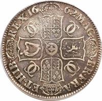 England coin 1 Crown - Charles II - 1'st Portrait (1662) reverse reverse of 1 Crown - Charles II - 1'st Portrait (1662) coin with SP# 3350 from England.