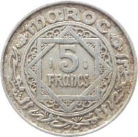 Morocco coin 5 Francs - Mohammed V (1951) reverse reverse of 5 Francs - Mohammed V (1951) coin with Y# 48 from Morocco. Inscription: MAROC 5 FRANCS