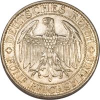 obverse of 5 Reichsmark - Meissen (1929) coin with KM# 66 from Germany. Inscription: DEUTSCHES REICH FÜNF REICHSMARK