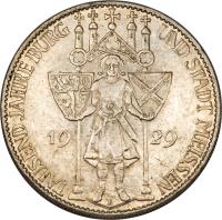 reverse of 5 Reichsmark - Meissen (1929) coin with KM# 66 from Germany. Inscription: THAUSEND JAHRE BURG UND STADT MEISSEN 19 29 E