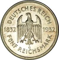 Germany coin 5 Reichsmark - Goethe (1932) obverse obverse of 5 Reichsmark - Goethe (1932) coin with KM# 77 from Germany. Inscription: DEUTSCHES REICH 1832 1932 FÜNF REICHSMARK G