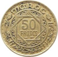 Morocco coin 50 Francs - Mohammed V (1952) reverse reverse of 50 Francs - Mohammed V (1952) coin with Y# 51 from Morocco. Inscription: MAROC 50 FRANCS