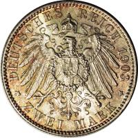 reverse of 2 Mark - Georg (1903 - 1904) coin with KM# 1257 from German States. Inscription: DEUTSCHES REICH 1903 * ZWEI MARK *