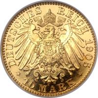 German States coin 10 Mark - Friedrich August III (1905 - 1912) reverse reverse of 10 Mark - Friedrich August III (1905 - 1912) coin with KM# 1264 from German States. Inscription: DEUTSCHES REICH 1905 10 MARK