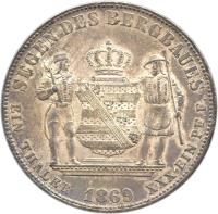 reverse of 1 Vereinsthaler - Johann (1868 - 1871) coin with KM# 1223 from German States. Inscription: SEGEN DES BERGBAUES EIN THALER 1869 XXX EIN PF.F.