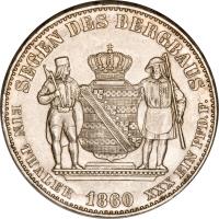 reverse of 1 Vereinsthaler - Johann (1858 - 1861) coin with KM# 1199 from German States. Inscription: SEGEN DES BERGBAUS EIN THALER 1860 XXX EIN PFD. F.