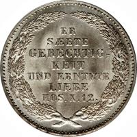 German States coin 1/3 Reichsthaler - Johann - Death of King (1854) reverse reverse of 1/3 Reichsthaler - Johann - Death of King (1854) coin with KM# 1179 from German States. Inscription: ER SAETE GERECHTIGKEIT UND ERNTETE LIEBE HOS.X.12.