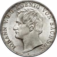 obverse of 2 Vereinsthaler - Johann (1857 - 1859) coin with KM# 1195 from German States. Inscription: IOHANN V.G.G.KOENIG VON SACHSEN