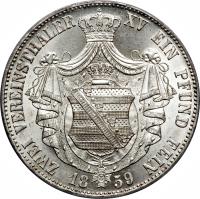 reverse of 2 Vereinsthaler - Johann (1857 - 1859) coin with KM# 1195 from German States. Inscription: ZWEI VEREINSTHALER XV EIN PFUND FEIN 1859