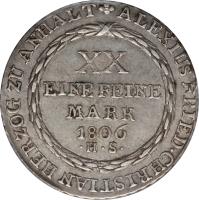 reverse of 2/3 Reichsthaler - Alexius Friedrich Christian (1806 - 1809) coin with KM# 72 from German States. Inscription: ALEXIUS FRIED · CHRISTIAN HERZOG ZU ANHALT XX EINE FEINE MARK 1806 · H · S ·