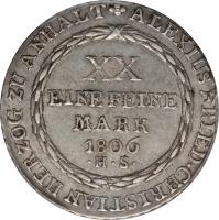 German States coin 2/3 Reichsthaler - Alexius Friedrich Christian (1806 - 1809) reverse reverse of 2/3 Reichsthaler - Alexius Friedrich Christian (1806 - 1809) coin with KM# 72 from German States. Inscription: ALEXIUS FRIED · CHRISTIAN HERZOG ZU ANHALT XX EINE FEINE MARK 1806 · H · S ·