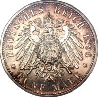 German States coin 5 Mark - Friedrich I - Silver Jubilee (1896) reverse reverse of 5 Mark - Friedrich I - Silver Jubilee (1896) coin with KM# 24 from German States. Inscription: DEUTSCHES REICH 1896 * FÜNF MARK *