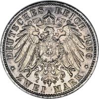 German States coin 2 Mark - Friedrich I - Reign (1896) reverse reverse of 2 Mark - Friedrich I - Reign (1896) coin with KM# 23 from German States. Inscription: DEUTSCHES REICH 1896 * ZWEI MARK *