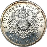 German States coin 5 Mark - Friedrich II - Silver Wedding (1901 - 1914) reverse reverse of 5 Mark - Friedrich II - Silver Wedding (1901 - 1914) coin with KM# 31 from German States. Inscription: DEUTSCHES REICH 1914 * FÜNF MARK *