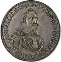 obverse of 1 Thaler - Gustav II Adolf - Swedish Occupation (1632) coin with KM# A68 from German States. Inscription: GVSTAV:ADOLPH:D:G · SVECO:GOTHO:VANDALO:REX · MAG
