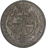 reverse of 1 Thaler - Gustav II Adolf - Swedish Occupation (1632) coin with KM# A68 from German States. Inscription: 16	32 PRINC:FINLAND:DVX ETHO:ET · CARDOM:ING