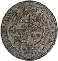 German States coin 1 Thaler - Gustav II Adolf - Swedish Occupation (1632) reverse reverse of 1 Thaler - Gustav II Adolf - Swedish Occupation (1632) coin with KM# A68 from German States. Inscription: 16 32 PRINC:FINLAND:DVX ETHO:ET · CARDOM:ING