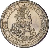 obverse of 1 Thaler - Ferdinand III (1639 - 1645) coin with KM# 77 from German States. Inscription: *IMP:CÆS:FERD:III · P · F · GER:HVN:BOH:REX ·