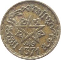 obverse of 20 Francs - Mohammed V (1952) coin with Y# 50 from Morocco. Inscription: 1371