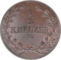 German States coin 1/2 Kreuzer - Ludwig I (1821 - 1826) reverse reverse of 1/2 Kreuzer - Ludwig I (1821 - 1826) coin with KM# 186 from German States. Inscription: 1/2 KREUZER