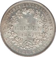 reverse of 1 Gulden - Friedrich I - Shooting Festival (1867) coin with KM# 249 from German States. Inscription: 2.BADISCHES LANDESSCHIESSEN 1 GULDEN 1867 KARLSRUHE IM AUGUST