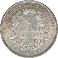 German States coin 1 Gulden - Friedrich I - Shooting Festival (1867) reverse reverse of 1 Gulden - Friedrich I - Shooting Festival (1867) coin with KM# 249 from German States. Inscription: 2.BADISCHES LANDESSCHIESSEN 1 GULDEN 1867 KARLSRUHE IM AUGUST