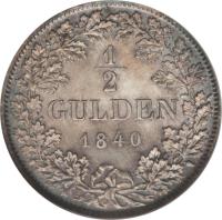 German States coin 1/2 Gulden - Leopold I (1838 - 1846) reverse reverse of 1/2 Gulden - Leopold I (1838 - 1846) coin with KM# 209 from German States. Inscription: 1/2 GULDEN 1840