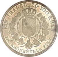 German States coin 1 Kronenthaler - Ludwig I (1829 - 1830) reverse reverse of 1 Kronenthaler - Ludwig I (1829 - 1830) coin with KM# 193 from German States. Inscription: EIN THALER ZU 100 KRZR IM KRONENTHLR FUSS