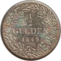 German States coin 1/2 Gulden - Leopold I (1845 - 1852) reverse reverse of 1/2 Gulden - Leopold I (1845 - 1852) coin with KM# 221 from German States. Inscription: 1/2 GULDEN 1849