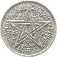 Morocco coin 2 Francs - Mohammed V (1951) obverse obverse of 2 Francs - Mohammed V (1951) coin with Y# 47 from Morocco. Inscription: EMPIRE .MAROC. CHERIFIEN