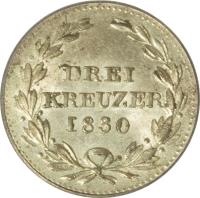 German States coin 3 Kreuzer - Ludwig I (1829 - 1830) reverse reverse of 3 Kreuzer - Ludwig I (1829 - 1830) coin with KM# 191 from German States. Inscription: DREI KREUZER 1830