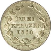 reverse of 3 Kreuzer - Ludwig I (1829 - 1830) coin with KM# 191 from German States. Inscription: DREI KREUZER 1830