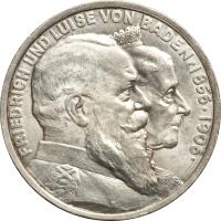 German States coin 5 Mark - Friedrich I - Wedding Anniversary (1906) obverse obverse of 5 Mark - Friedrich I - Wedding Anniversary (1906) coin with KM# 277 from German States. Inscription: FRIEDRICH UND LUISE VON BADEN · 1856 · 1906 ·