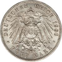 German States coin 5 Mark - Friedrich I - Wedding Anniversary (1906) reverse reverse of 5 Mark - Friedrich I - Wedding Anniversary (1906) coin with KM# 277 from German States. Inscription: DEUTSCHES REICH 1906 * FÜNF MARK *